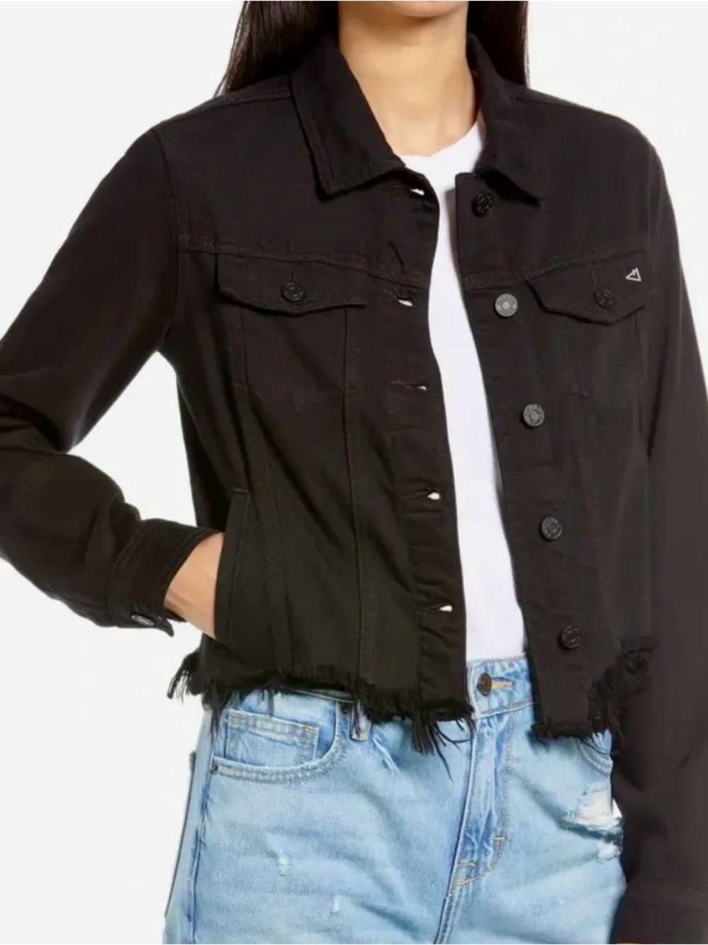 Hidden  Black Women's Frayed Hem Denim Jacket -